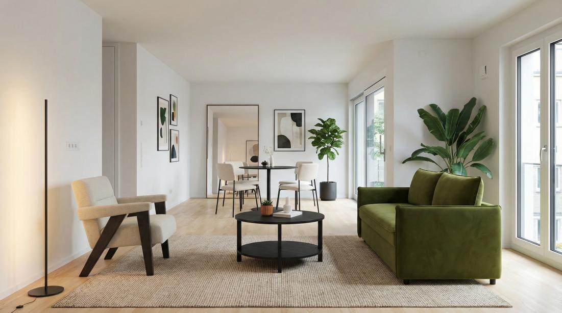 Olive green sofa in a styled Decoro Design living room