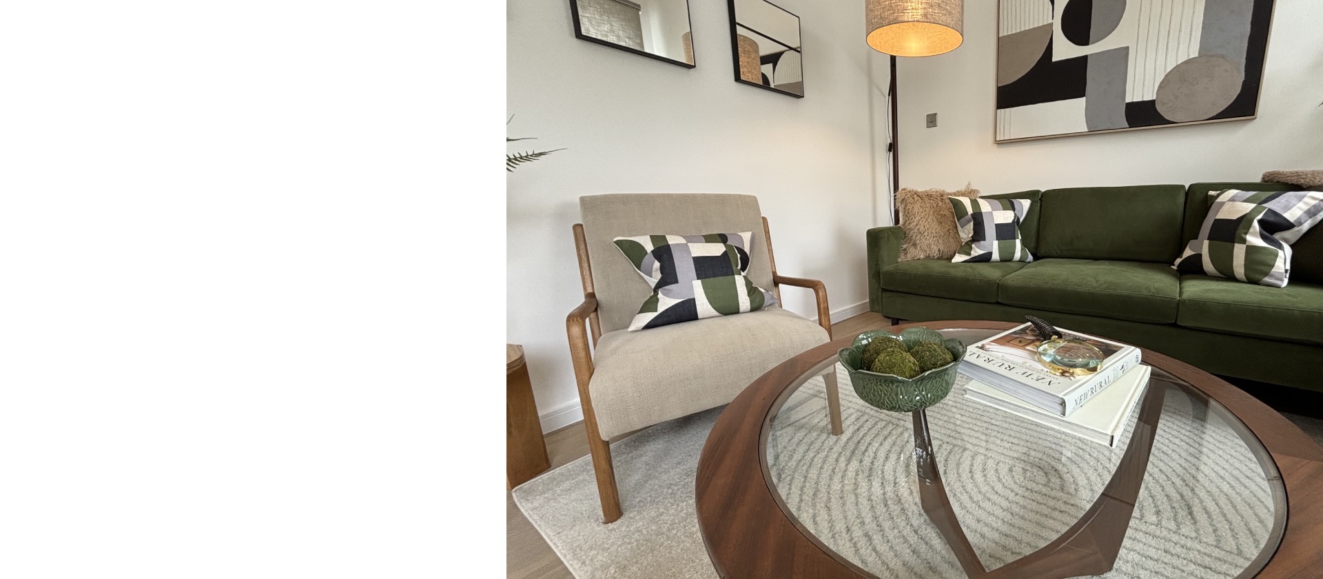 Olive green sofa in a styled Decoro Design living room
