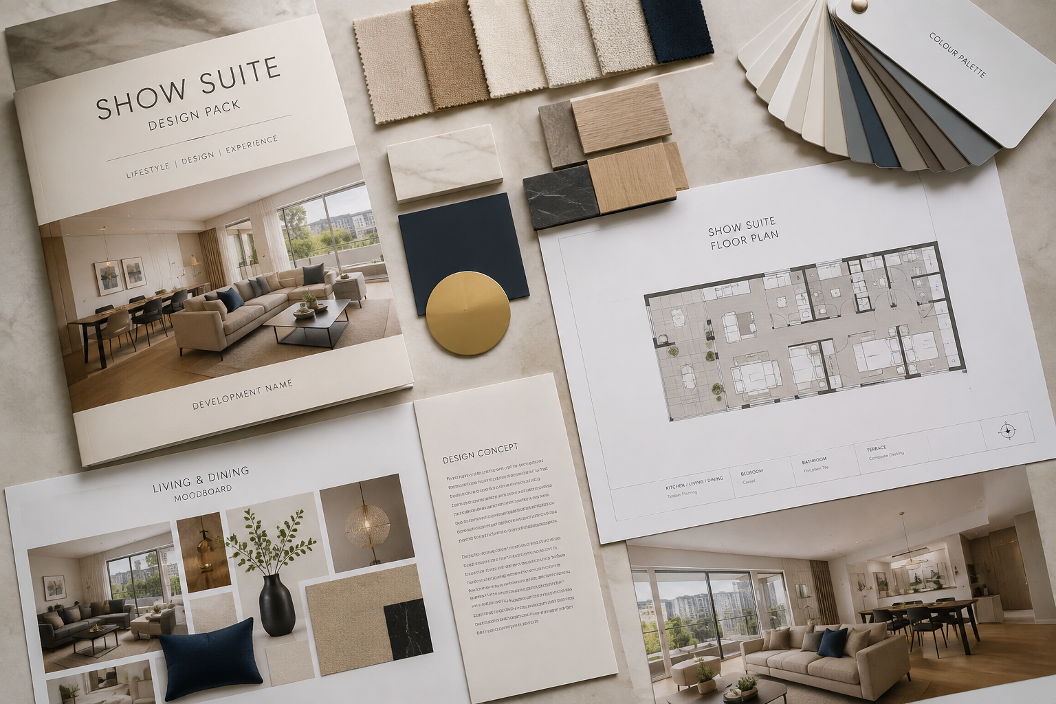 Show suite design pack with materials, floor plan and moodboards