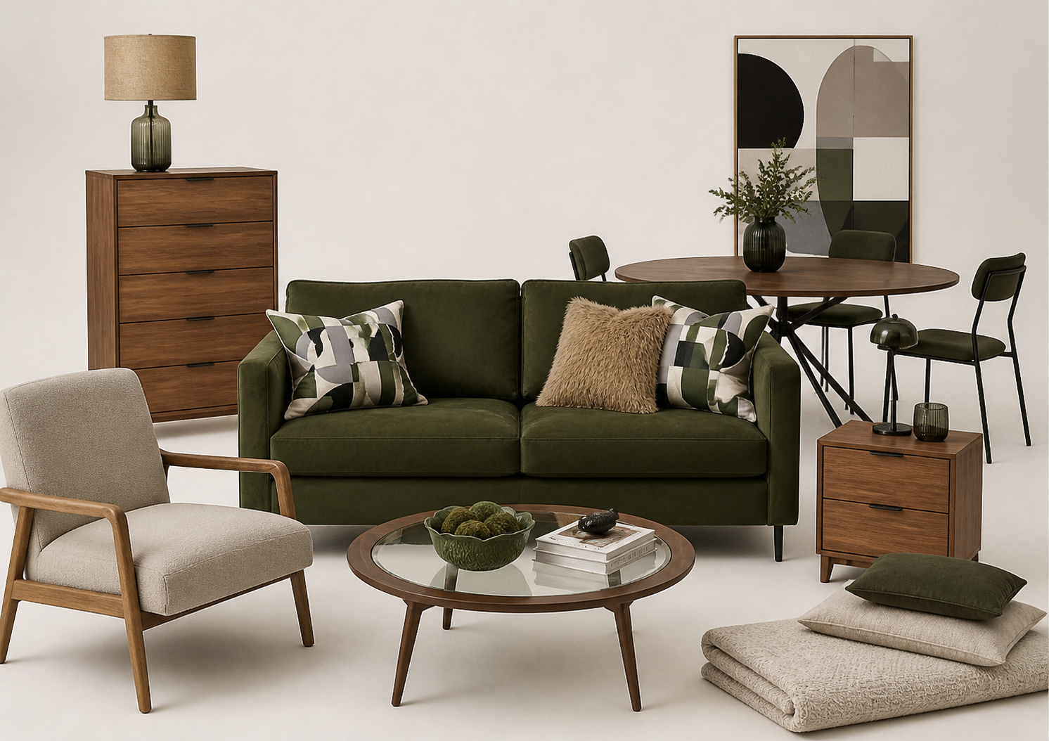 High-end olive green and walnut furniture package to buy for furnished rental properties